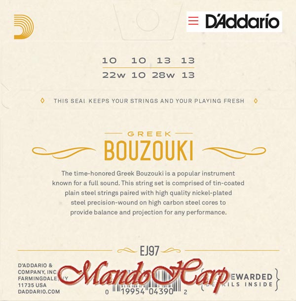 MandoHarp - Greek Bouzouki Strings - D'Addario EJ97 Nickel-Plated Steel 0.010-0.028