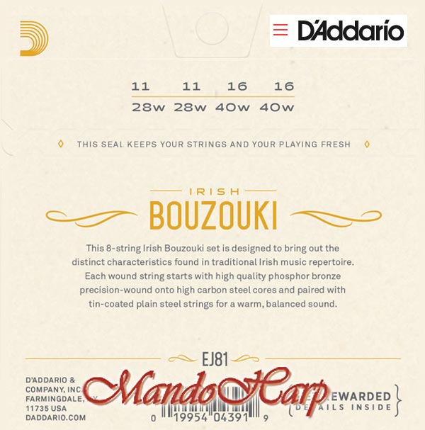 MandoHarp - Irish Bouzouki Strings - D'Addario EJ81 Phosphor Bronze 0.011-0.040