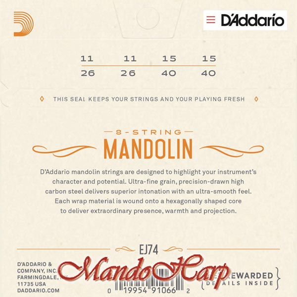 MandoHarp - Mandolin Strings - D'Addario EJ74 Phosphor Bronze Medium 0.011-0.040