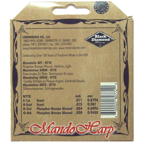 MandoHarp - Mandolin Strings - Black Diamond N772 Phosphor Bronze Medium/Light 0.011-0.038