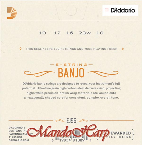 MandoHarp - 5-String Banjo Strings - D'Addario EJ55 Phosphor Bronze Medium Loop End 0.010-0.023