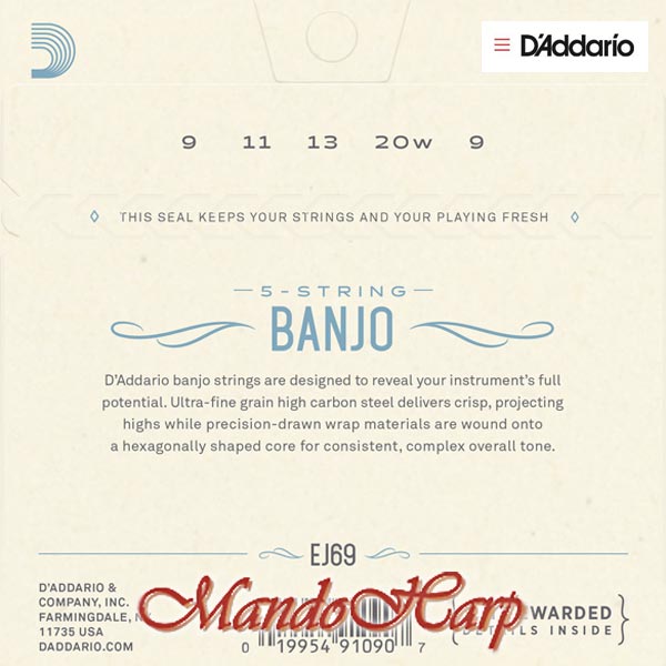 5-String Banjo Strings - D'Addario EJ69 Phosphor-Bronze Wound Light 009-020