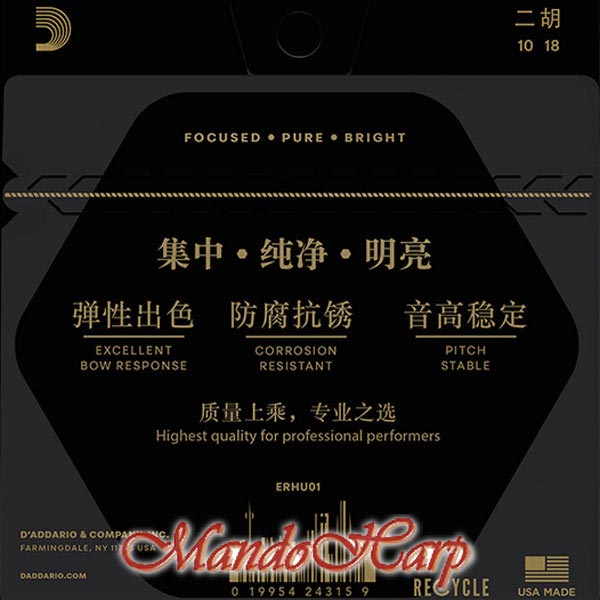 D'Addario ERHU01 Erhu Strings, Stainless Steel Wound, Tin Plated, 0.010-0.018