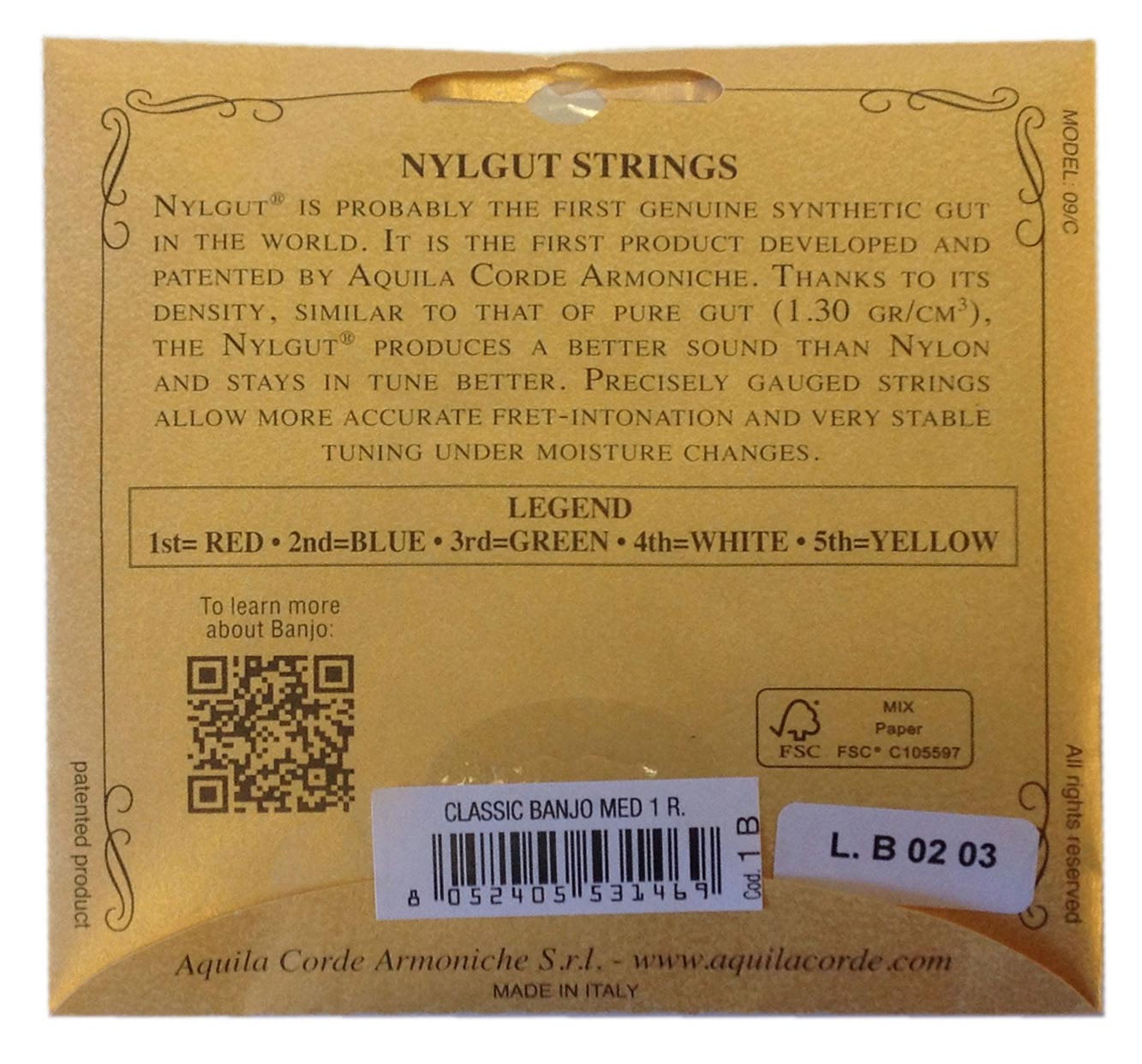 MandoHarp - 5-String Banjo Strings - Aquila 1B Classic Banjo, DBGDG, Medium, Nylgut�, 4th String Red Series�